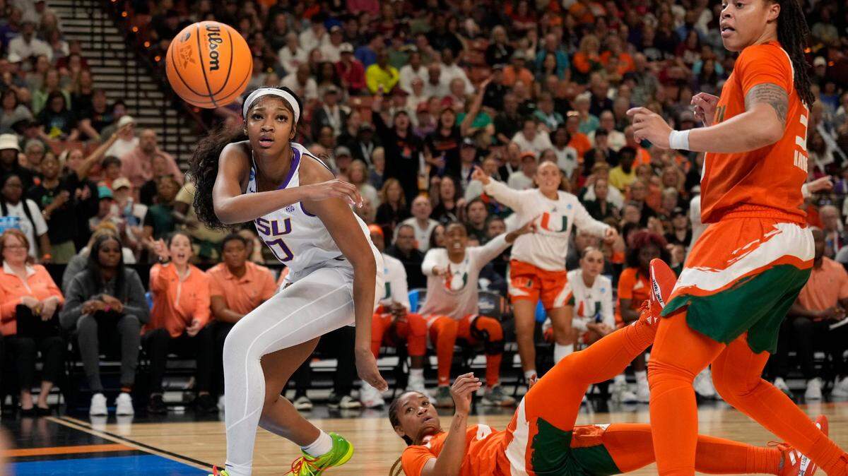 Mar 26, 2023; Greenville, SC, USA; LSU Lady Tigers forward Angel Reese (10) loses the ball out of bounds against the Miami Hurricanes during the NCAA Women’s Tournament at Bon Secours Wellness Arena. Mandatory Credit: Jim Dedmon-USA TODAY Sports