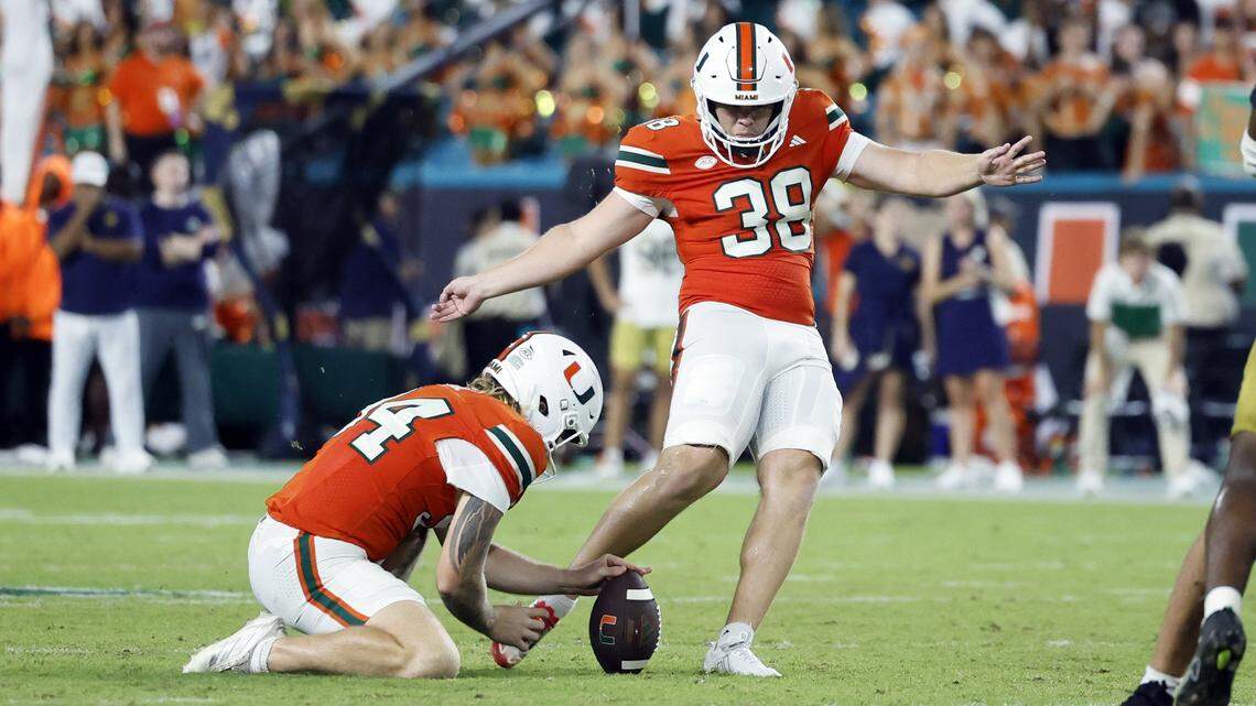 Miami Hurricanes kicker Carter Davis kicks the winning field goal in the fourth quarter during an NCAA football game against the Notre Dame Fighting Irish at Hard Rock Stadium in Miami Gardens, Florida, on Sunday, August 31, 2025. 