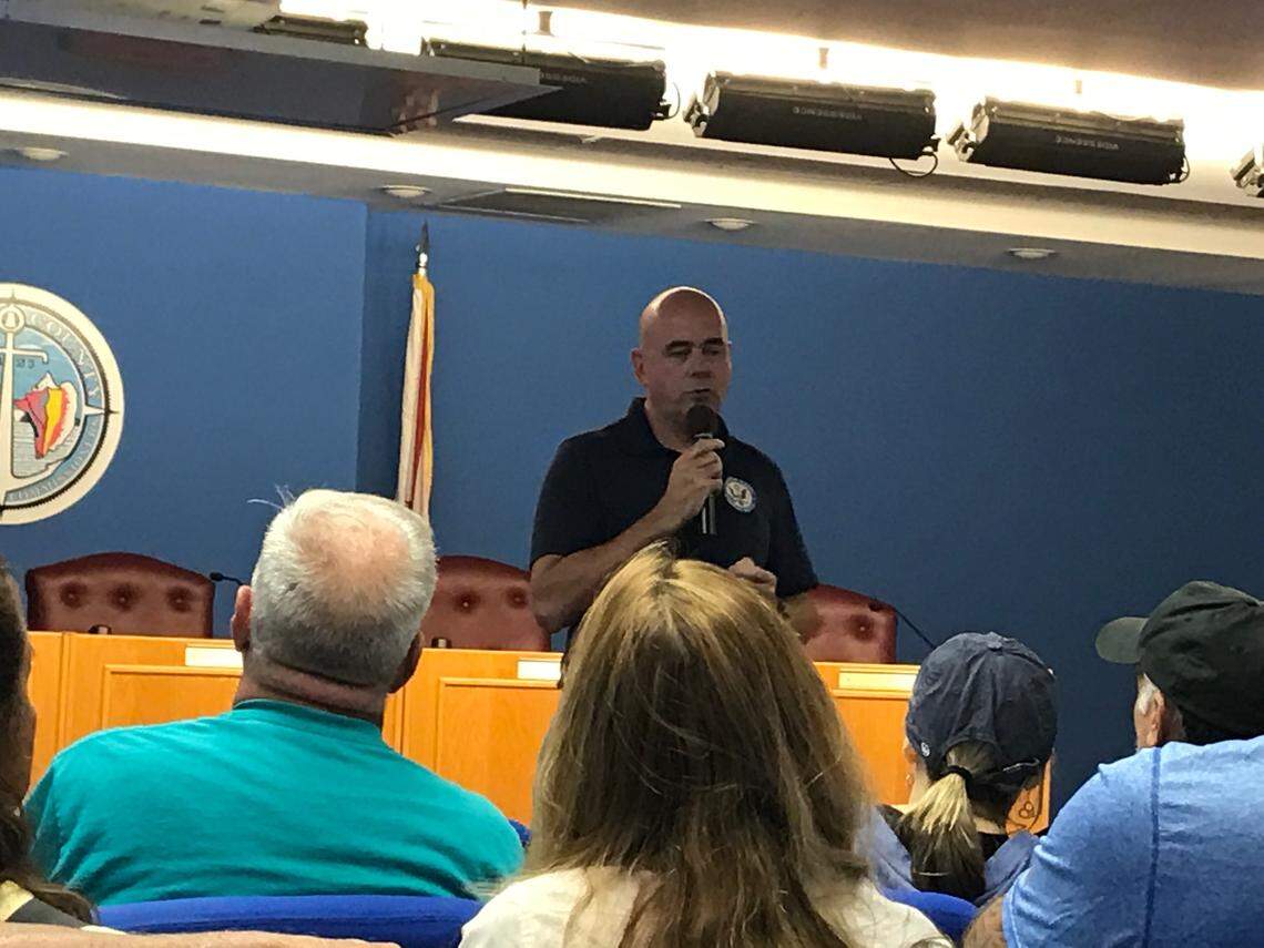 Monroe County Emergency Management Director Martin Senterfitt tells an audience at the Marathon Government Center about a new volunteer program aimed at teaching residents about disaster recovery and preparedness during a May 21 meeting.