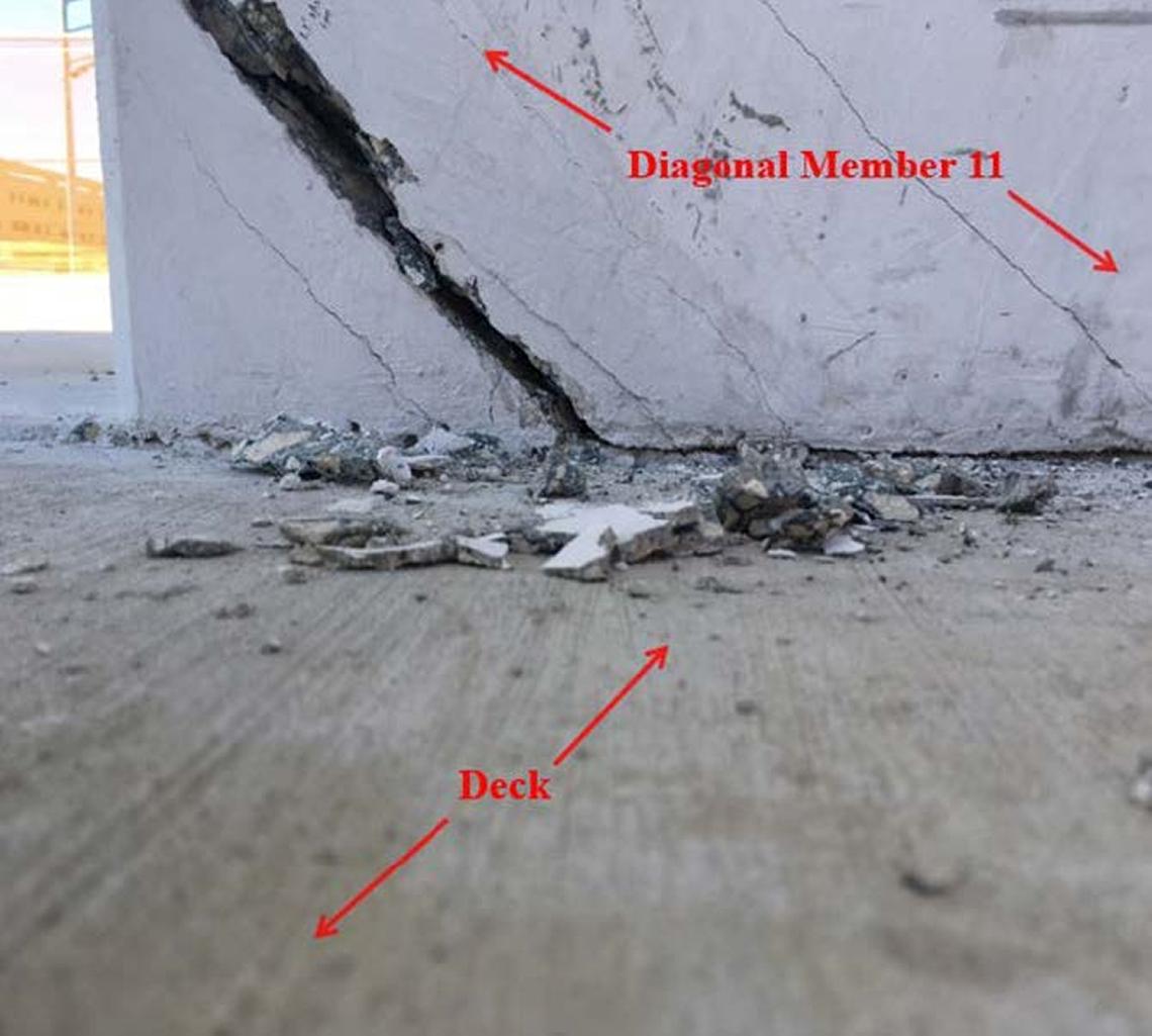 A crack at the bottom of diagonal support No. 11 was photographed on March 13, 2018, just two days before the Florida International University bridge collapsed, killing six. The photo was released as part of an interim report distributed Thursday by the National Transportation Safety Board.