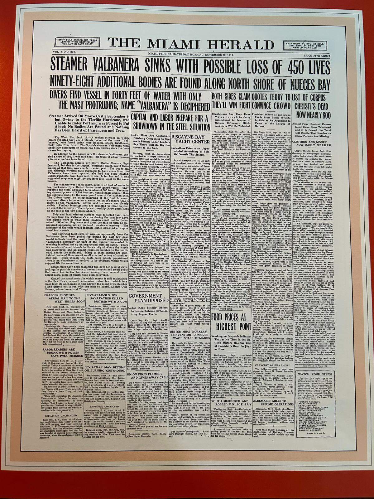 Miami Herald story on the shipwreck of the Valbanera, which sank during the 1919 Florida Keys hurricane.