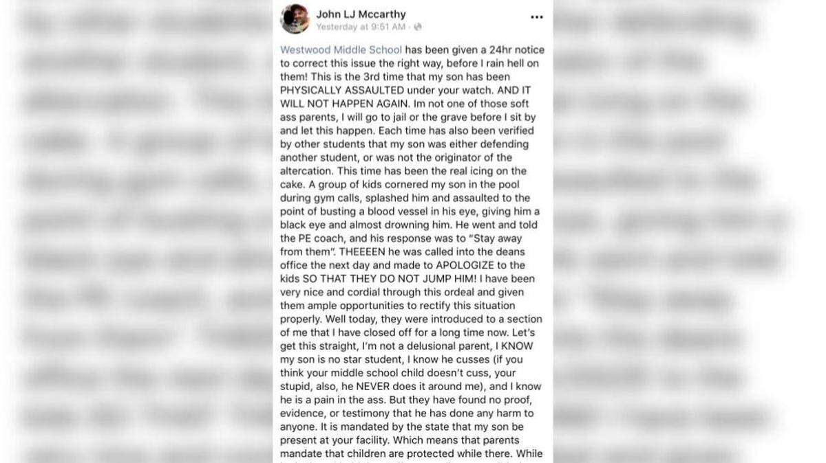 John McCarthy was arrested by Gainesville police for allegedly saying he would “drown kids and kill adults” because the school wasn’t doing anything for his son who was almost drowned by students.