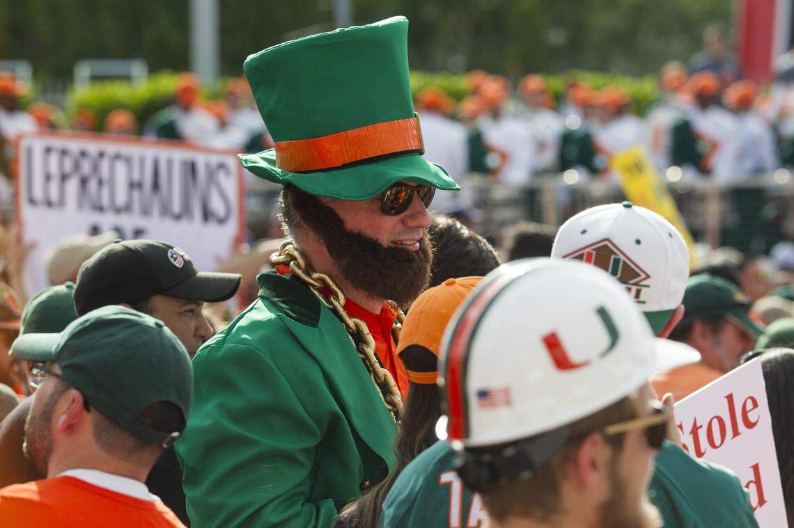 A fan dressed as a leprechaun appears during ESPN's College GameDay at the University of Miami in Coral Gables on Saturday, Nov. 11, 2017. The event took place a few hours before the Canes played the Irish at Hard Rock Stadium.