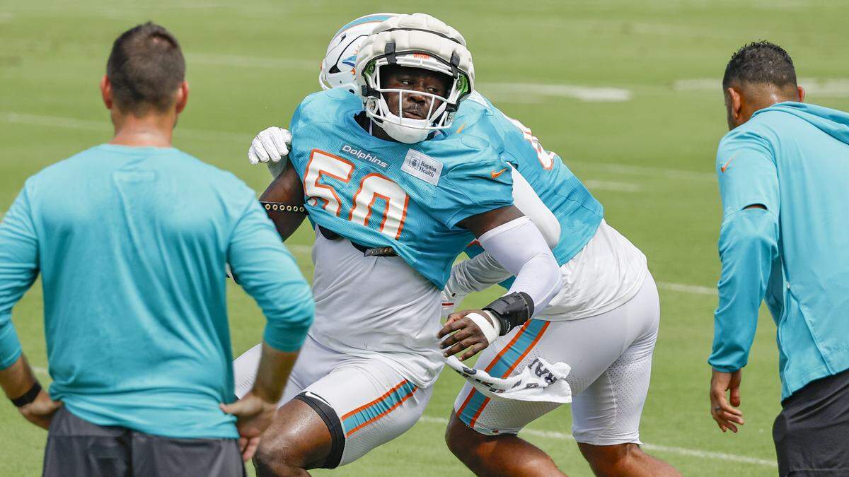 Miami Dolphins linebacker Mohamed Kamara (50), runs through practice drills at the Miami Dolphins training facility in Miami Gardens, Fla., on Thursday, October 3, 2024.