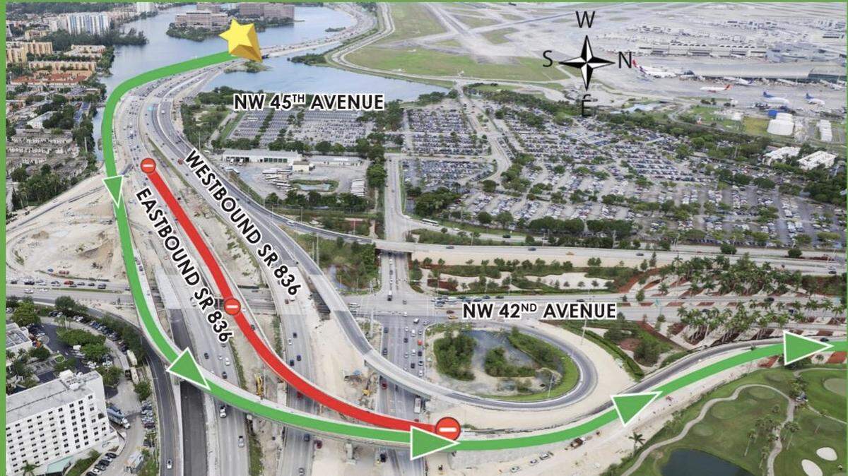 A new flyover ramp connecting Le Jeune Road north with the eastbound 836 Dolphin Expressway will open at 5 a.m. Saturday.  Both the east and westbound lanes of Northwest 14th Street will be closed from 10 p.m. Friday until 5 a.m. Monday.