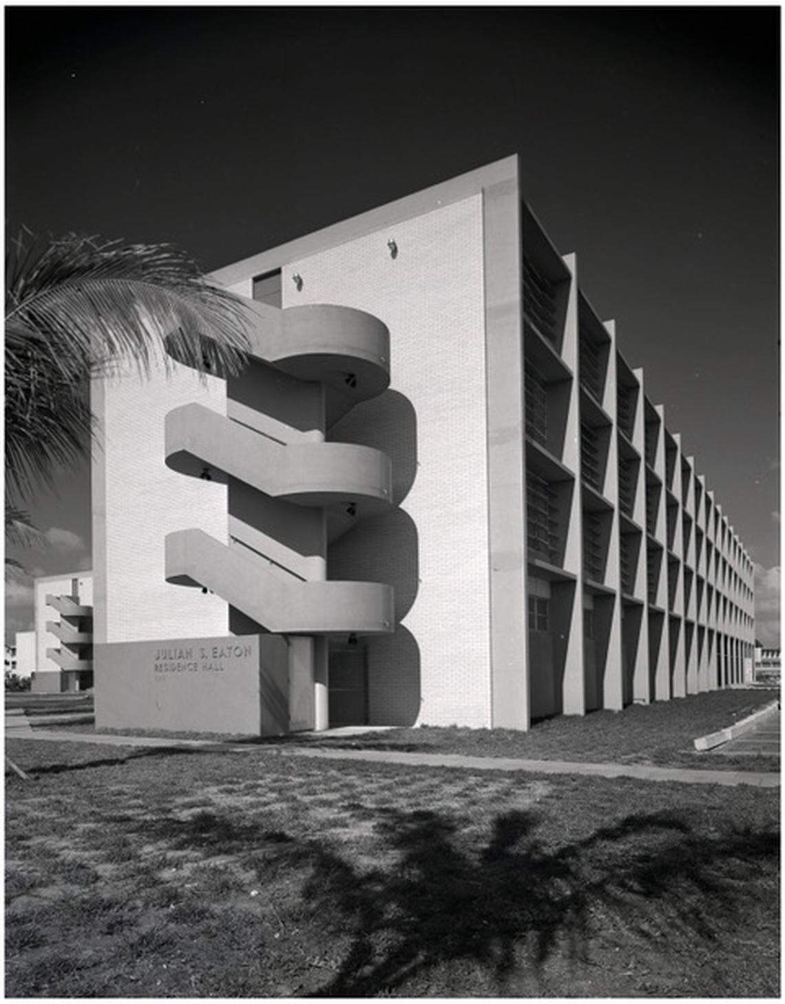 This undated photo shows an exterior staircase and shaded windows that are architectural features of the 1954 Eaton Residential College at the University of Miami’s Coral Gables campus.