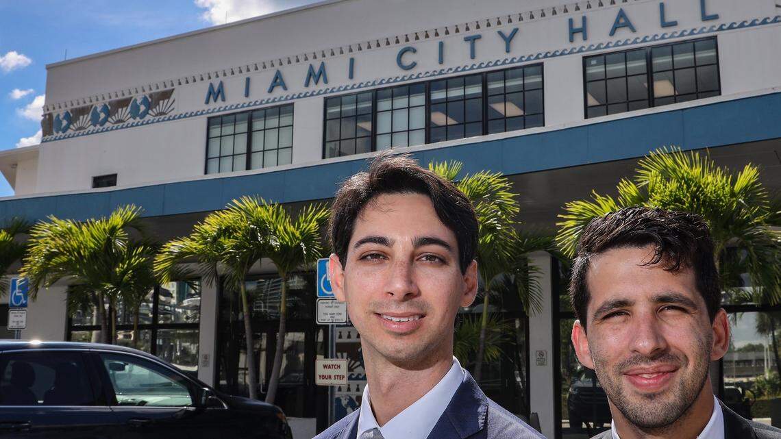 Matt Haber, left, 34, and Jorge Damian de la Paz, 31, are co-founder of the app Civic Pro, a finalist in the Business Plan Challenge Competition. The pair were photographed in front of Miami City Hall in Coconut Grove, Florida on Wednesday, April 24, 2019.