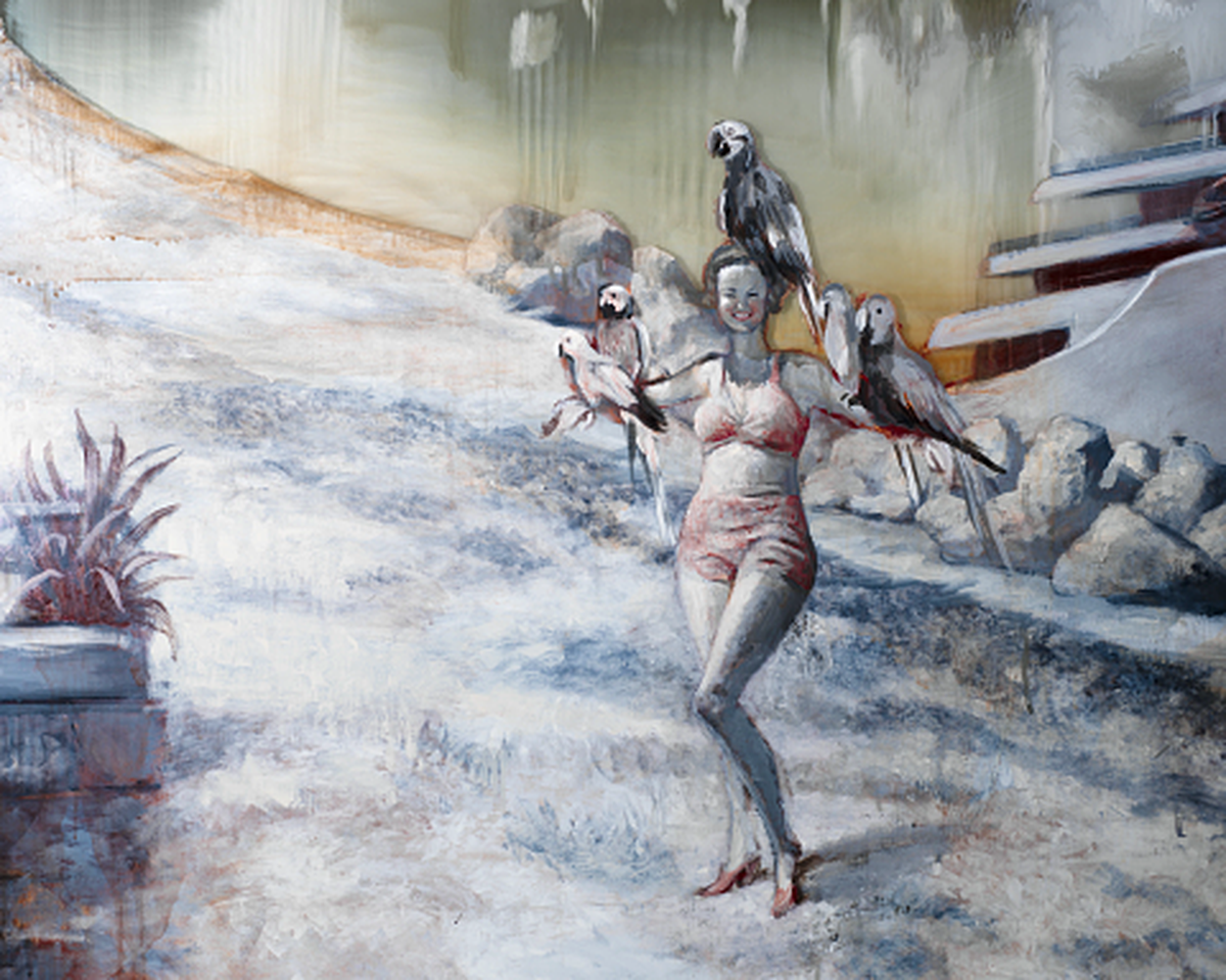 Artist Rachel Feinstein paid homage to her mother Daria Feinstein, who loved parrots, in her painting “Panorama of Miami.”