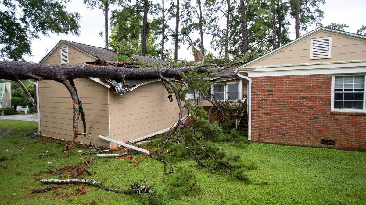 A pine tree lays across a home in the Betton Hills neighborhood of Tallahassee after being uprooted by Hurricane Idalia on Wednesday, Aug. 30, 2023.