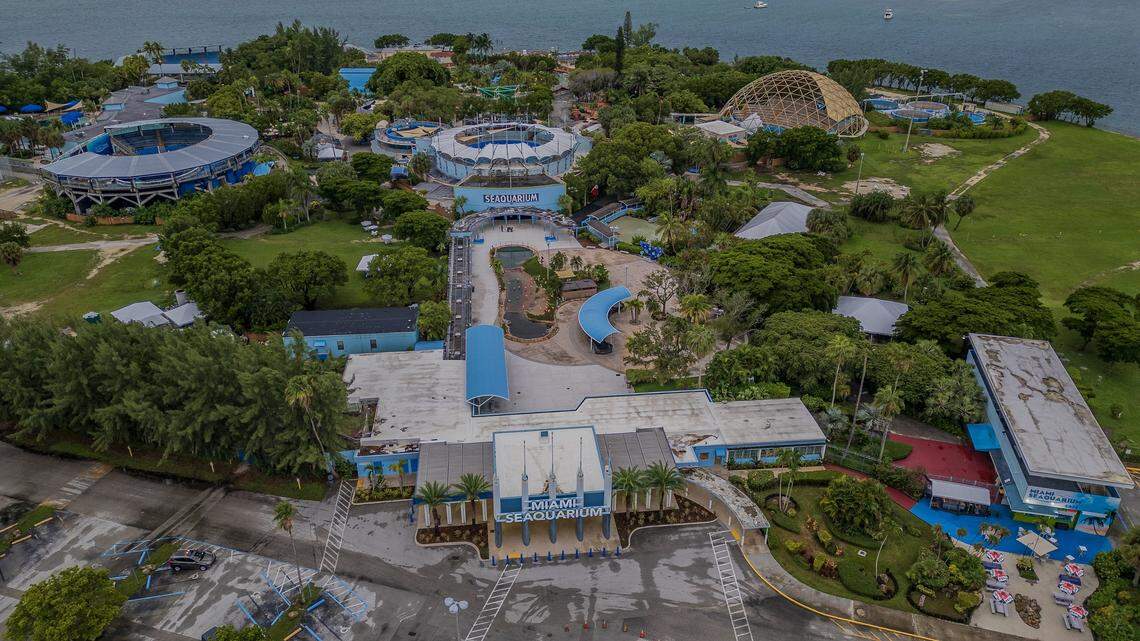 Aerial view of the Miami Seaquarium, in Virginia Key, that will be closing on Sunday October 12, after 70 years in business, almost a year after the seaquarium filed for bankruptcy and is planning to sell the lease on its public waterfront property for $22.5 million to developer David Martin and a subsidiary of his development company, Terra, on Friday October, 10 2025.