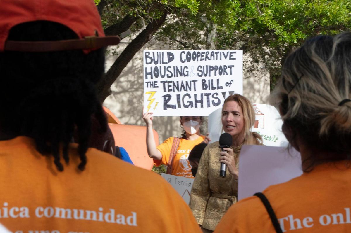 Miami-Dade Commissioner Raquel A. Regalado speaks at the Miami Workers Center protest at the Stephen P. Clark Center on Tuesday, March 8, 2022.