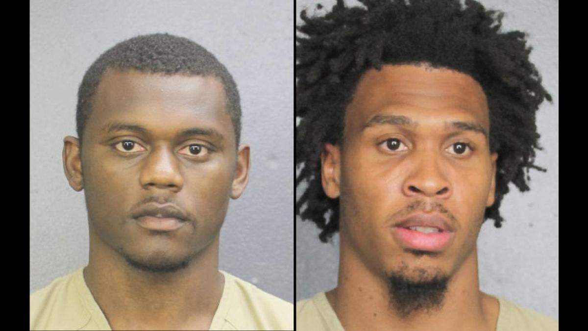New York Giants player Deandre Baker, left, and Seattle Seahawks player Quinton Dunbar turned themselves into the Broward County Jail after Miramar police sought their arrest on robbery charges.&nbsp;