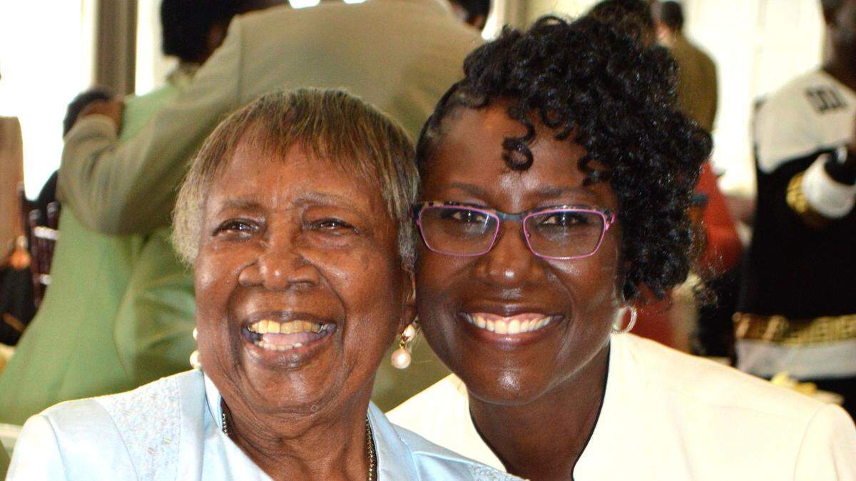 Ernestine Bellamy with her daughter, Joy Bellamy Lofton, at Ernestine’s 100th birthday party celebration at Miami Shores Country Club, December 2016. She is now 102.