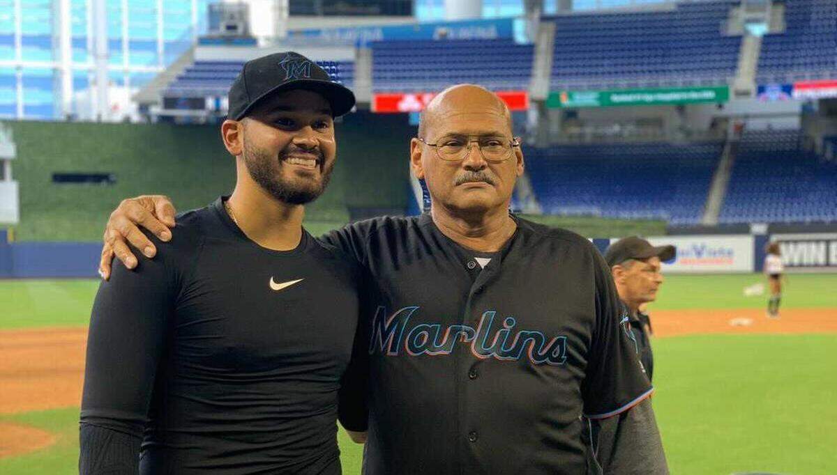 Miami Marlins pitcher Pablo Lopez with his dad, Danny Lopez.