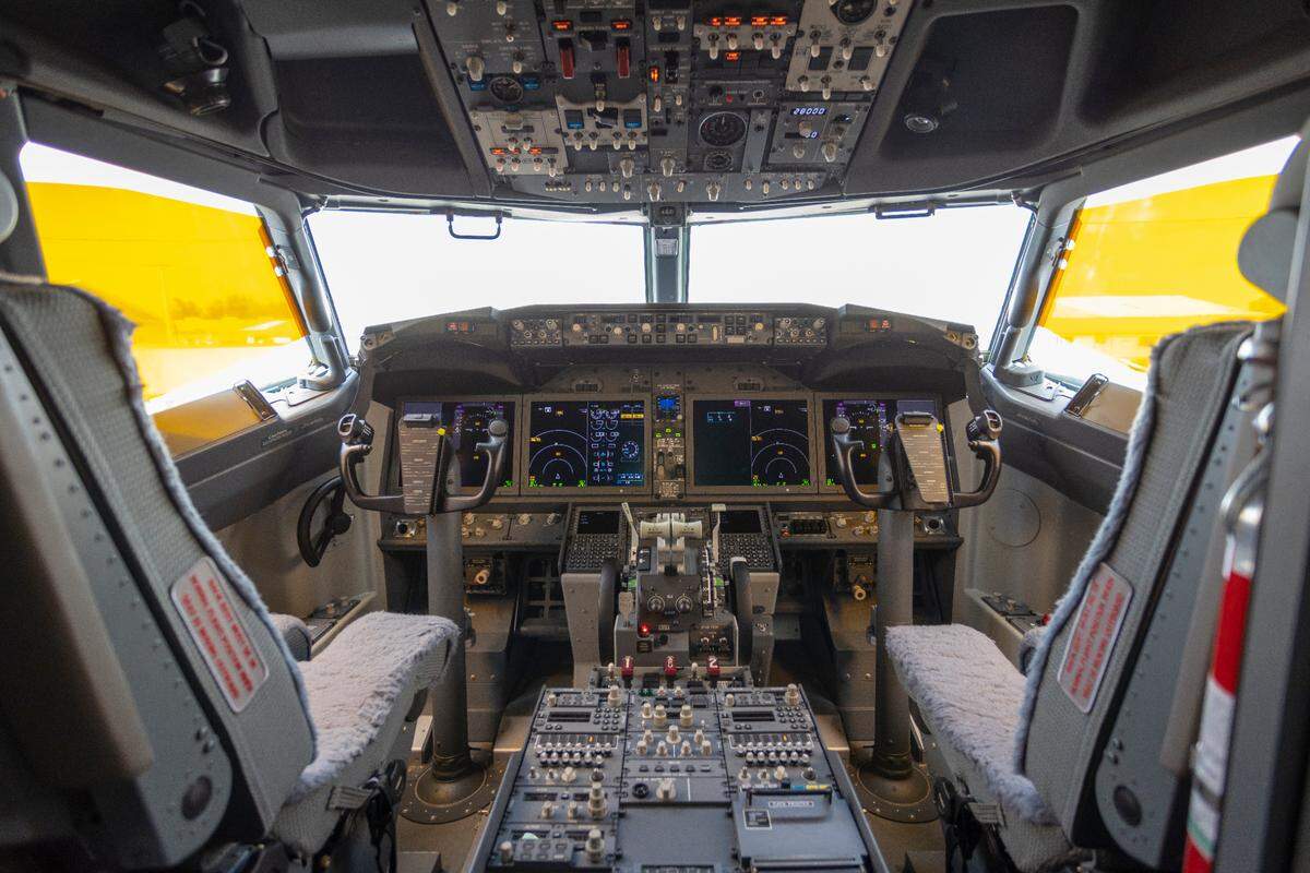 A cockpit of an Arajet plane.