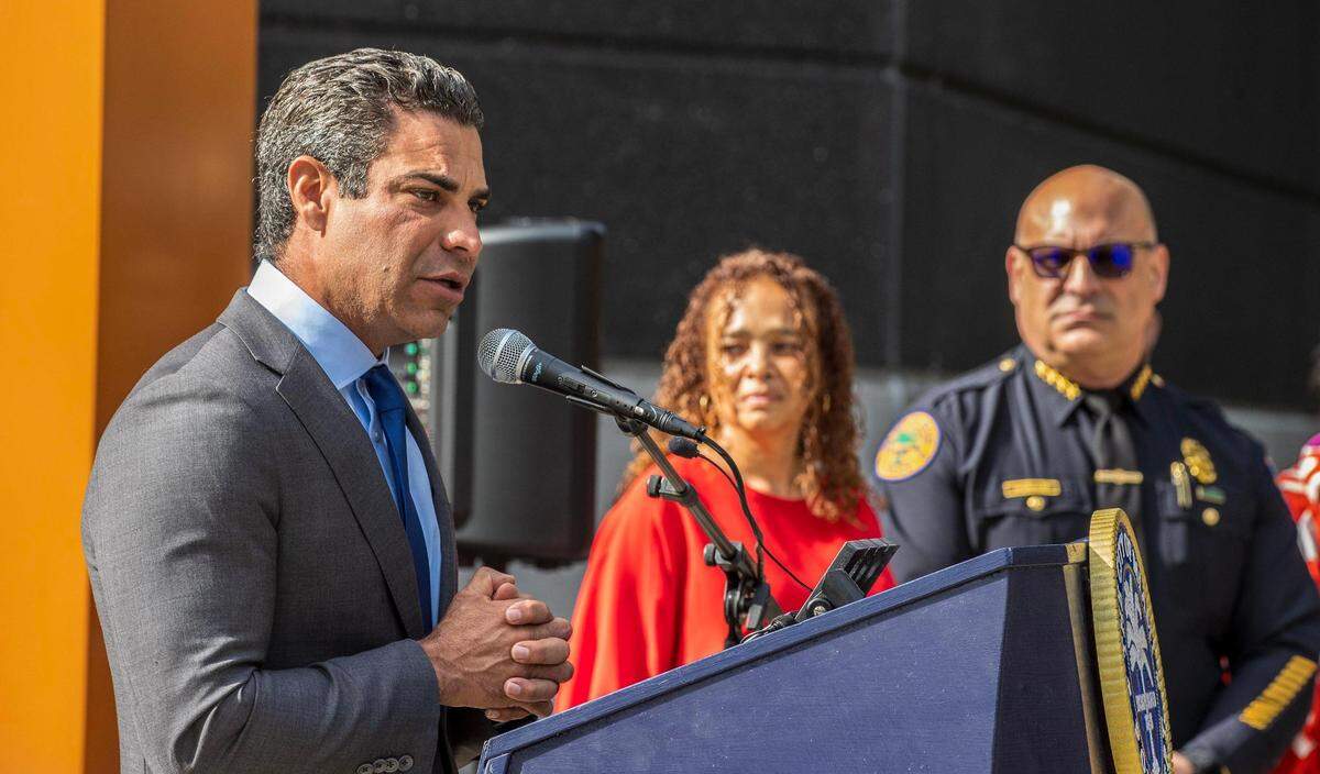 City of Miami Mayor Francis Suarez speaks during a press conference with Miami Commissioner Christine King and Chief of Police Manny Morales to announce a record-breaking reduction in murders and in violent crime rates in 2023.