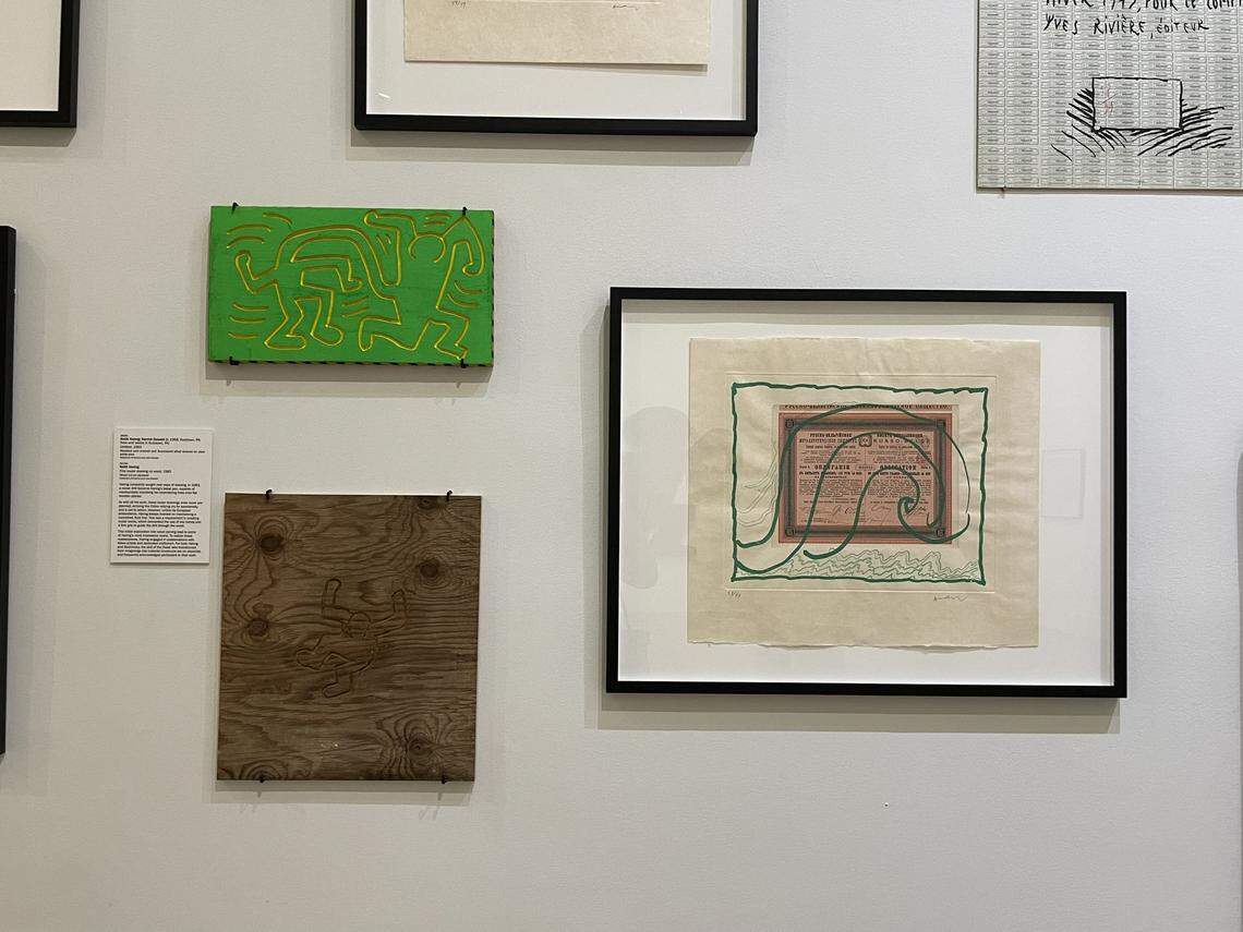 Kermit Oswald, Haring’s childhood friend and fellow artist, lent several pieces to the show. His personal favorite, bottom left, was the first drawing Haring made with a wood router. The two friends later collaborated on a show of giant totem poles and wood carvings in New York.