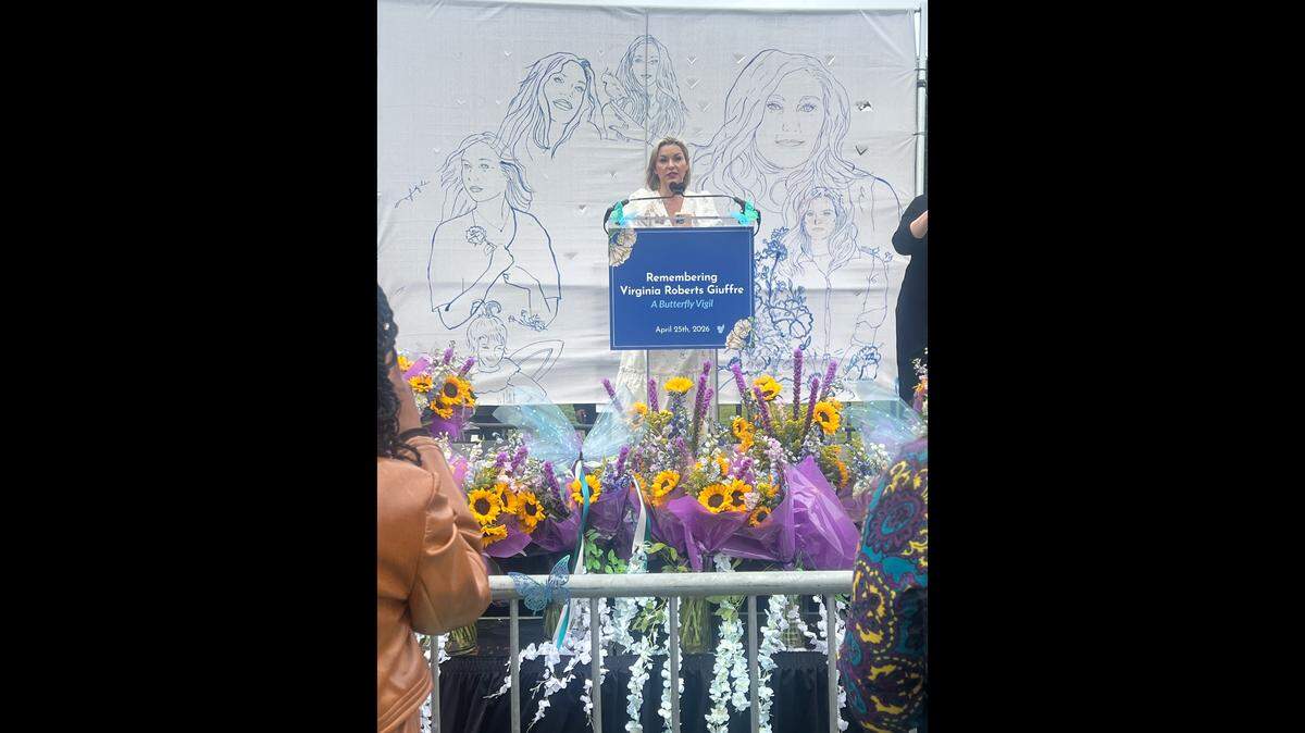 Danielle Bensky, a victim of Jeffrey Epstein, speaks at the service for Virginia Roberts Giuffre, held at the National Mall in Washington on Saturday, April 25, 2026. Giuffre, an Epstein victim and an advocate for sex trafficking victims, died by suicide on April 25, 2025. She was 41.