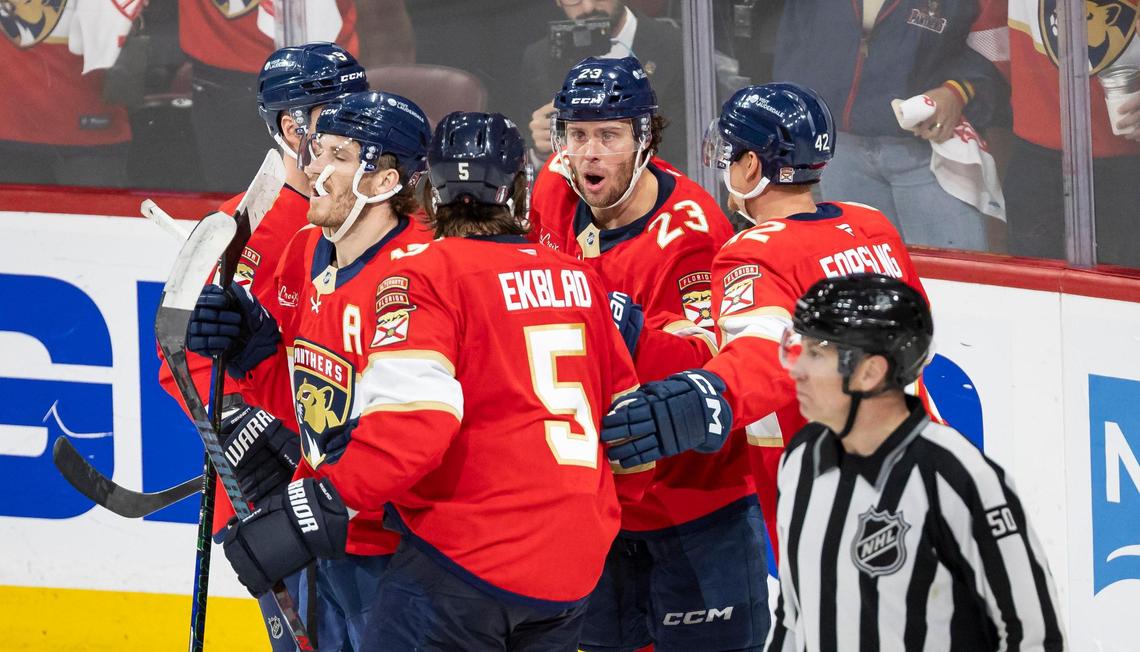 Florida Panthers center Carter Verhaeghe (23) celebrates after scoring against the Toronto Maple Leafs in the second period of Game 3 of a second-round Stanley Cup playoffs series at the Amerant Bank Arena on Friday, May 9, 2025, in Sunrise, Fla.