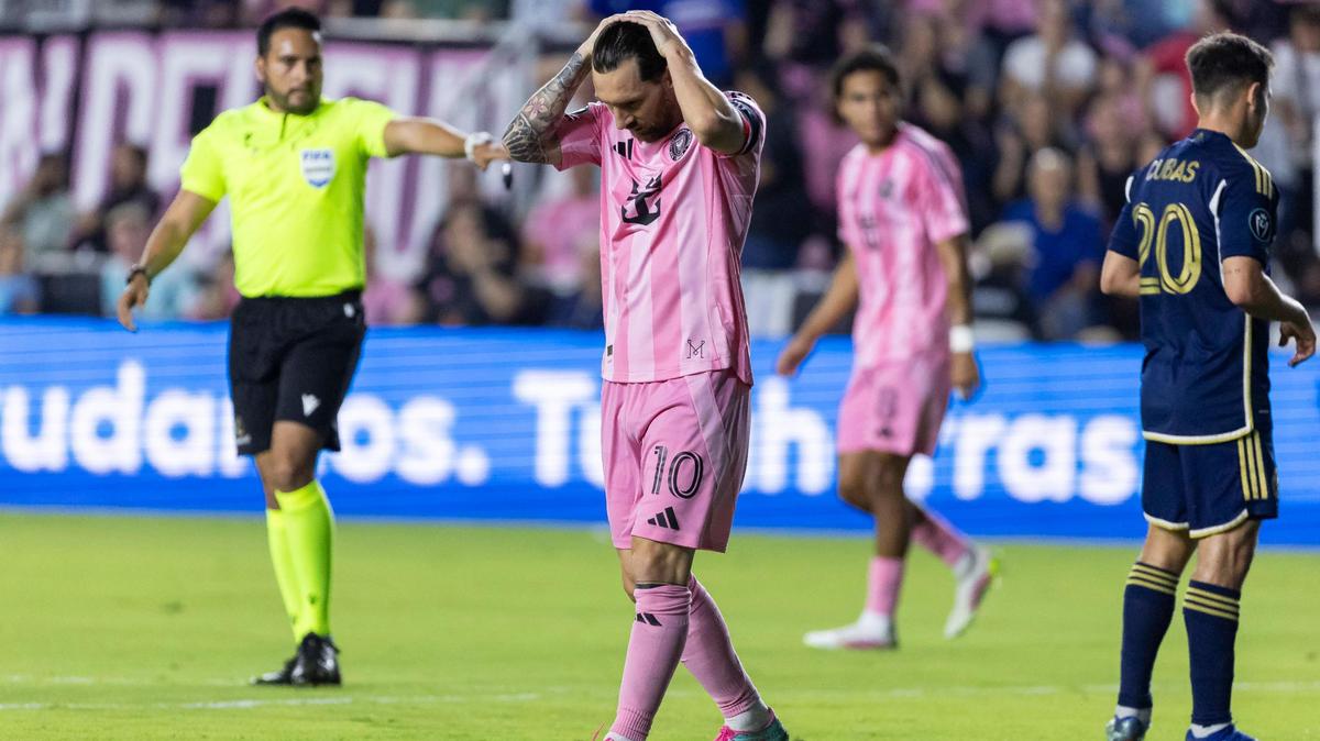 Inter Miami forward Lionel Messi (10) reacts after missing a shot against Vancouver Whitecaps in the first half of their Concacaf Champions Cup Semifinals match at Chase Stadium on Wednesday, April 30, 2025, in Fort Lauderdale, Fla.