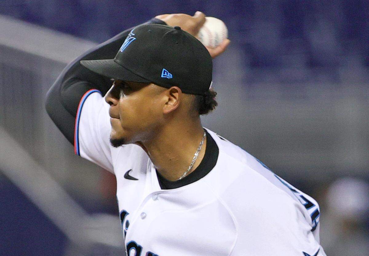 Miami Marlins pitcher Elieser Hernandez (57) pitches against the Washington Nationals during the first inning of their baseball game at loanDepot park on Thursday, August 26, 2021 in Miami, Florida.