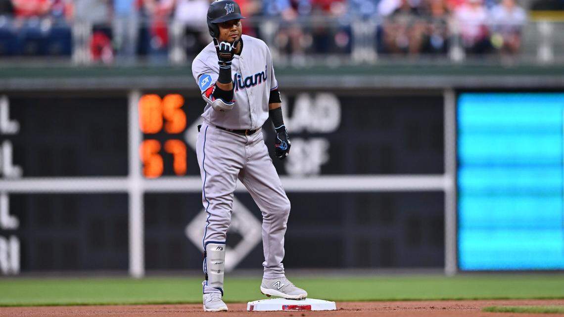 Miami Marlins second baseman Luis Arraez (3) reacts after hitting a double against the Philadelphia Phillies in the first inning at Citizens Bank Park.