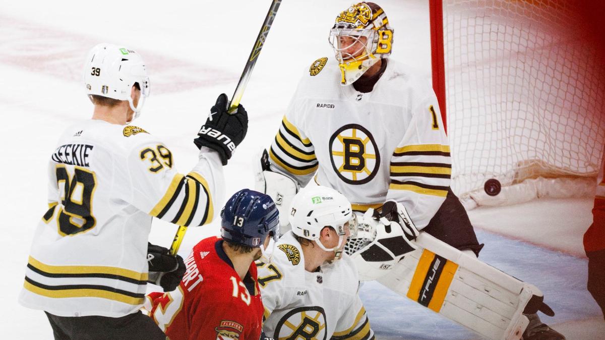 Florida Panthers center Sam Reinhart (13) scores a goal past Boston Bruins goaltender Jeremy Swayman (1) during the second period of Game 5 of a second-round Stanley Cup Playoff series on Tuesday, May 14, 2024, at Amerant Bank Arena in Sunrise, Fla.