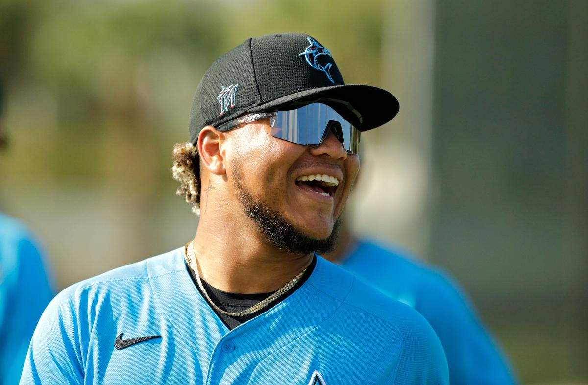 Miami Marlins right fielder Harold Ramirez (47) smiles during the spring training workout at Roger Dean Stadium on Thursday, February 20, 2020 in Jupiter, FL.