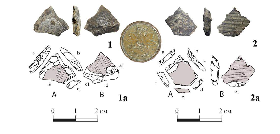 Pieces on the left, dated to around 400,000 years old, look similar to pieces on the right, around 120,000 years old. The pieces are all small, as compared to a Canadian dollar.