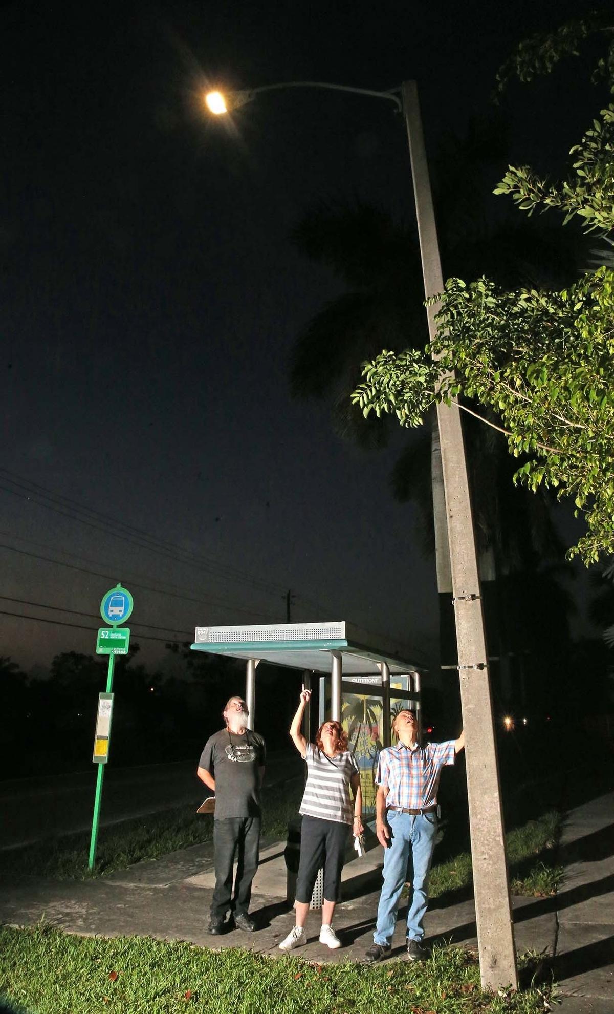 Robert Holley, Susan Blake and Rene Oppeneiger, discuss the street lights at Southwest 112th Avenue and 165th Terrace in South Miami-Dade, June 20, 2019. They are opposed to the new LED lights replacing the sodium vapor lights.