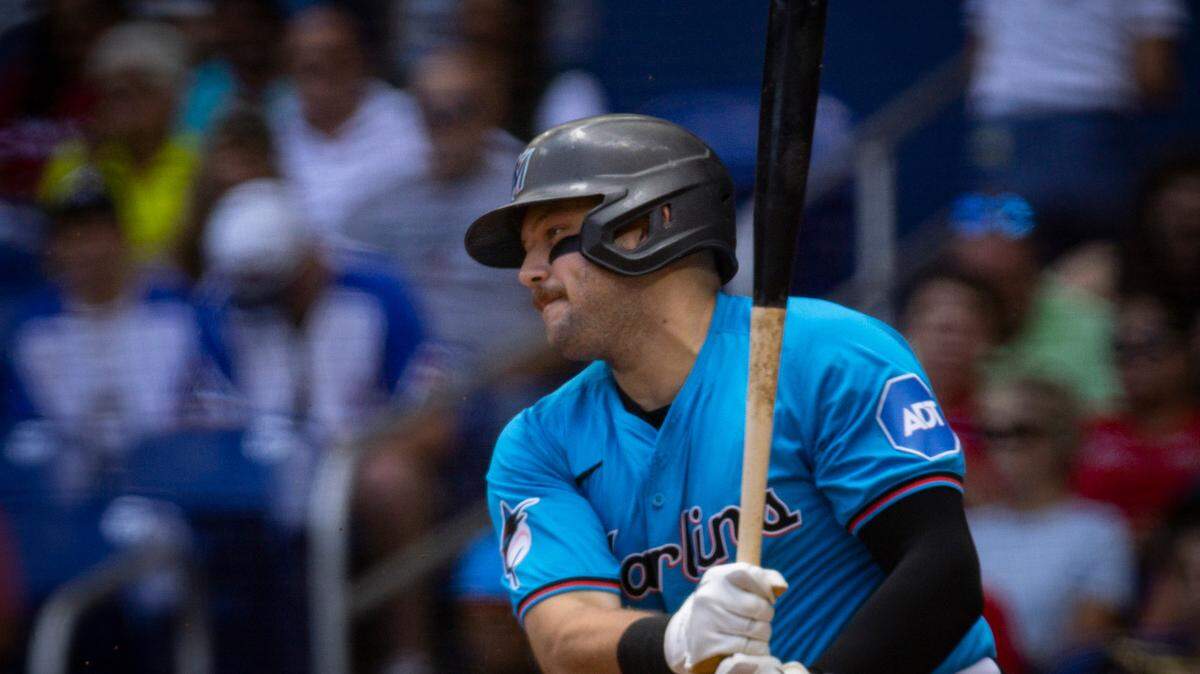 Miami Marlins third base Jake Burger (36) singles out during the first inning of a baseball game on Sunday, April 14, 2024, at loanDepot Park in Miami.