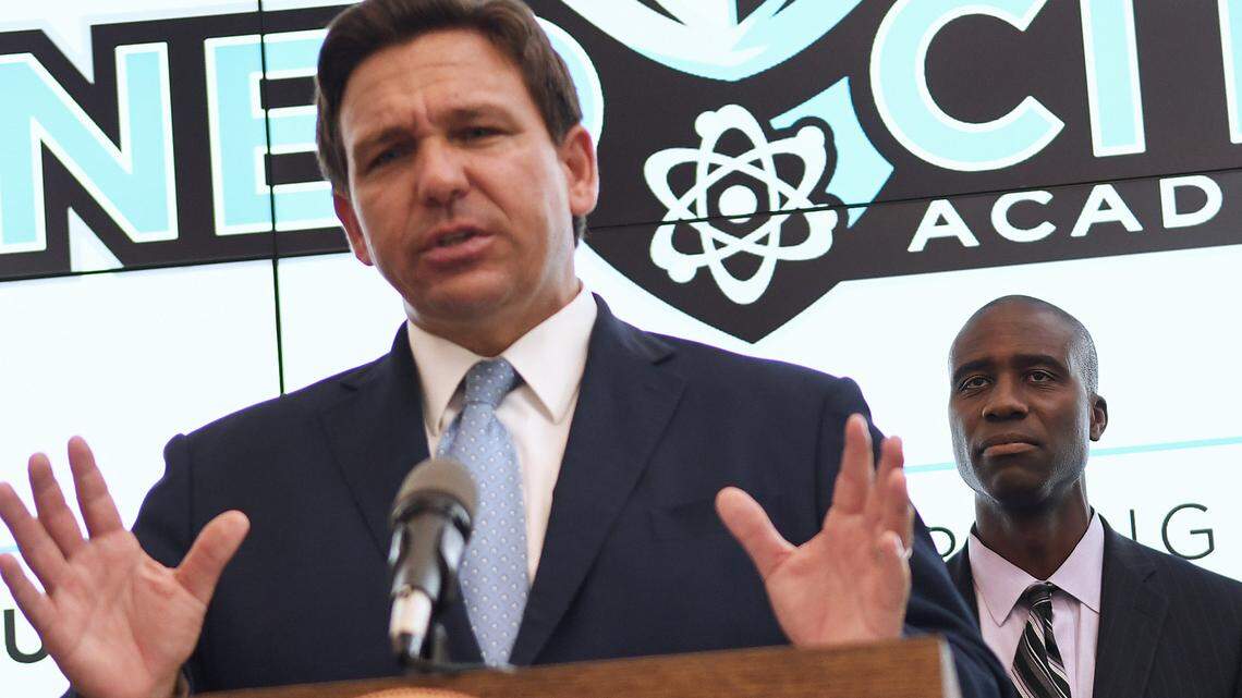 Florida Gov. Ron DeSantis speaks during a press conference before newly appointed state Surgeon General Dr. Joseph Ladapo at Neo City Academy in Kissimmee, Florida. A day after being appointed, Ladapo instituted his first rule giving parents “sole discretion” over whether their child wears a mask at school, and also allowing students who come in contact with the coronavirus to continue attending class if they remain asymptomatic. (Photo by Paul Hennessy / SOPA Images/Sipa USA)