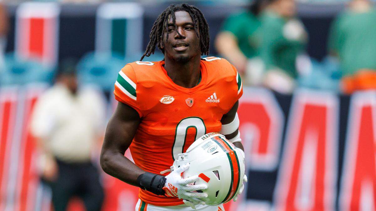 Miami Hurricanes safety James Williams (0) looks on before the start of an ACC conference football game against North Carolina Tar Heels at Hard Rock Stadium on Saturday, October 8, 2022 in Miami Gardens, Florida..