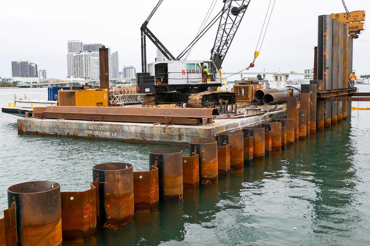Construction of Virgin Voyages’ Terminal V is underway at PortMiami in Miami, Florida, on Tuesday, Jan. 12, 2021. Miami-Dade County Mayor Daniella Levine Cava, CEO of Virgin Voyages Tom McAlpin and county commissioners participated in a groundbreaking ceremony Tuesday to celebrate the construction project.