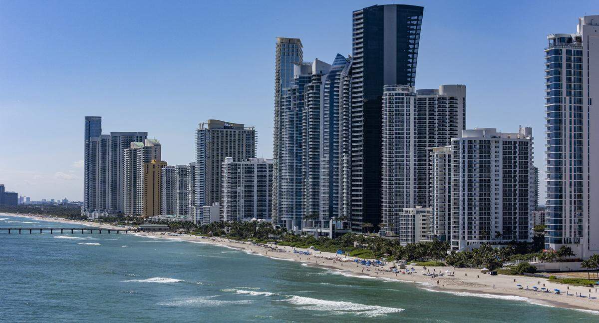 An aerial view of the oceanfront of Sunny Isles, where some luxury high-rises worth billions of dollars are affected by sinking that went beyond what engineers had predicted.