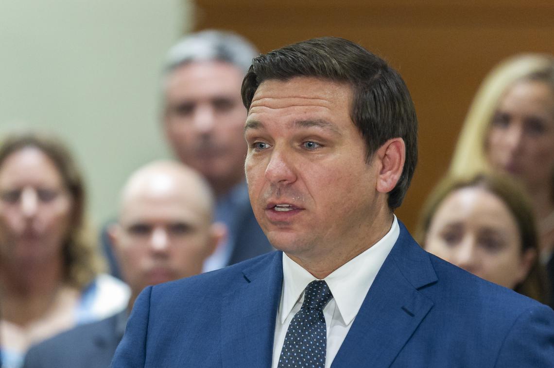 Florida Gov. Ron DeSantis speaks during a press conference at the Broward County Courthouse in downtown Fort Lauderdale, Florida, on Wednesday, Feb. 13, 2019. DeSantis announced he filed a petition with the Florida Supreme Court to form a statewide grand jury to examine and review school safety across the state.