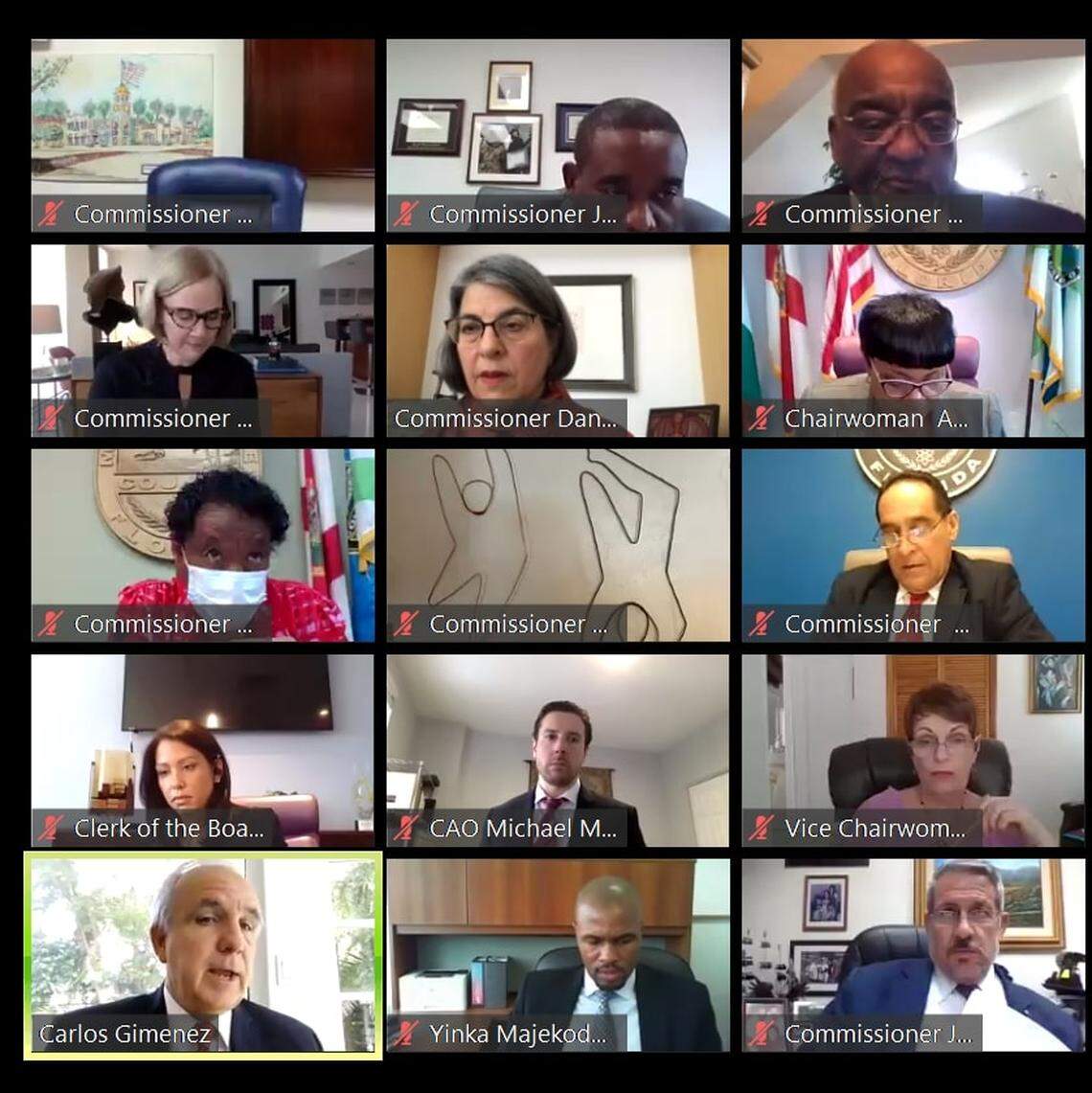 Miami-Dade commissioners held their first remote meeting on Tuesday, April 7, 2020, convening using video conferencing during the coronavirus crisis.