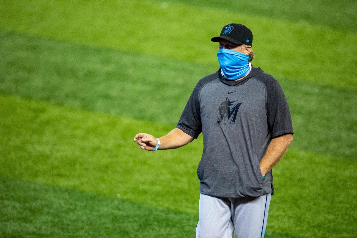 Marlins Marlins pitching coach Mel Stottlemyre Jr. before a intra squad simulated game at Marlins Park in Miami, Florida on Friday, July 17, 2020.