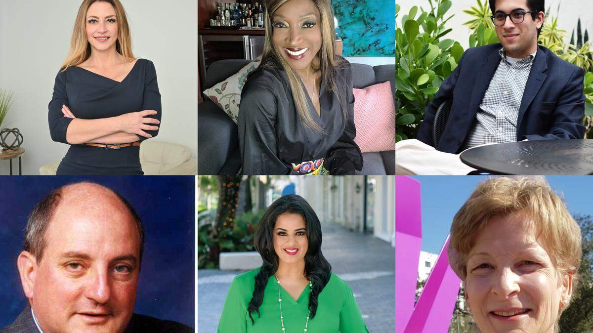 Tania Cruz-Gimenez, Mayra Joli, Alexander Haq, Jose Valdes-Fauli, Claudia Miro and Rhonda Anderson are running in tthe Group Two race to replace Vice Mayor Vince Lago, who is running for the top seat at the dais.