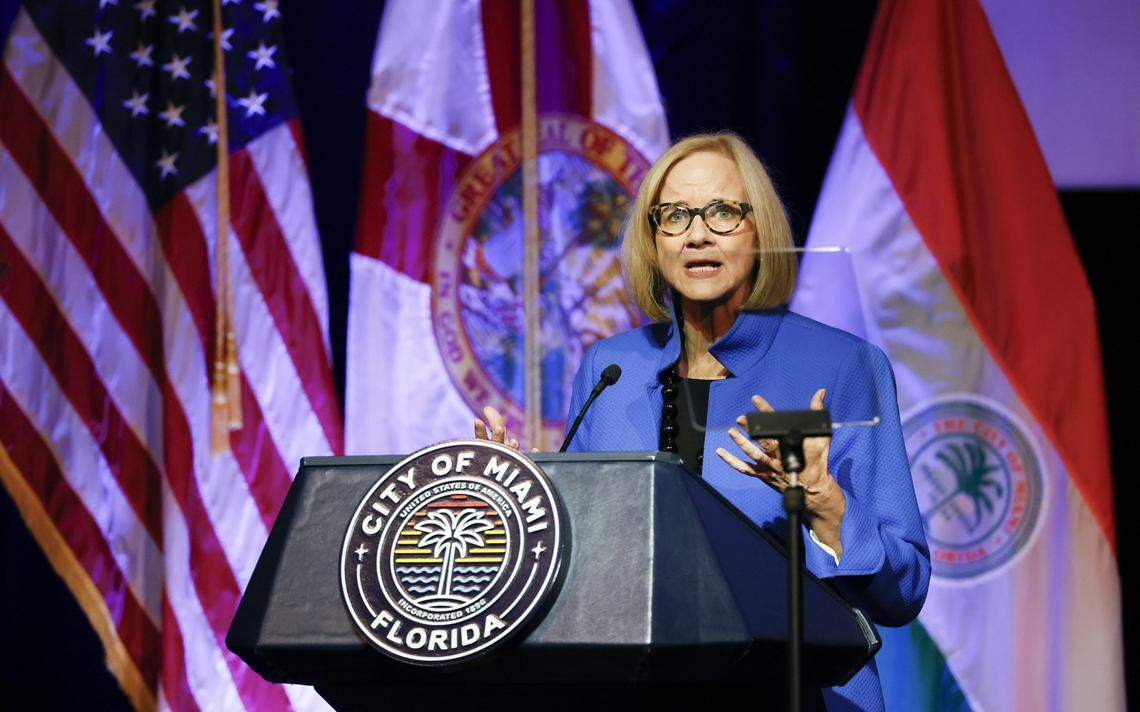 Eileen Higgins speaks during the installation ceremony as the Mayor of the City of Miami at the Miami-Dade College Wolfson Campus Auditorium in Miami, Florida, on Thursday, December 18, 2025. 