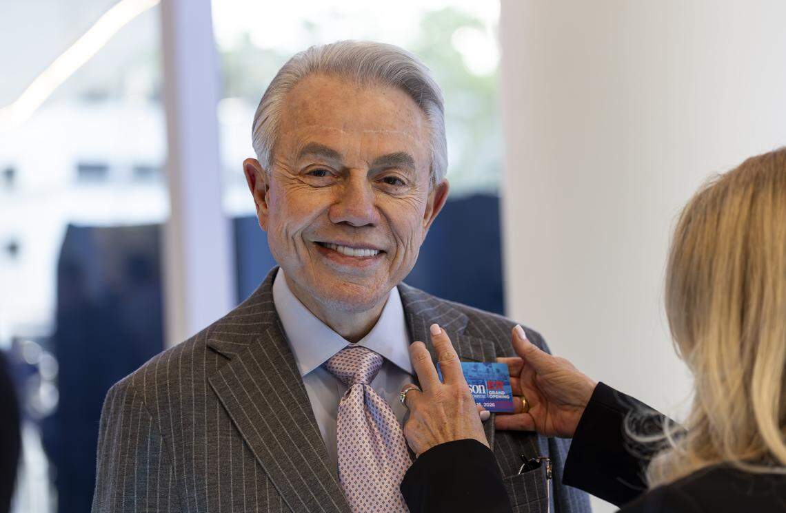 Benjamin Leon, Jr., founder of Leon Medical Centers, arrives to a preview event of a new emergency room at Jackson Memorial Hospital on Thursday, April 16, 2026, in Miami, Fla.