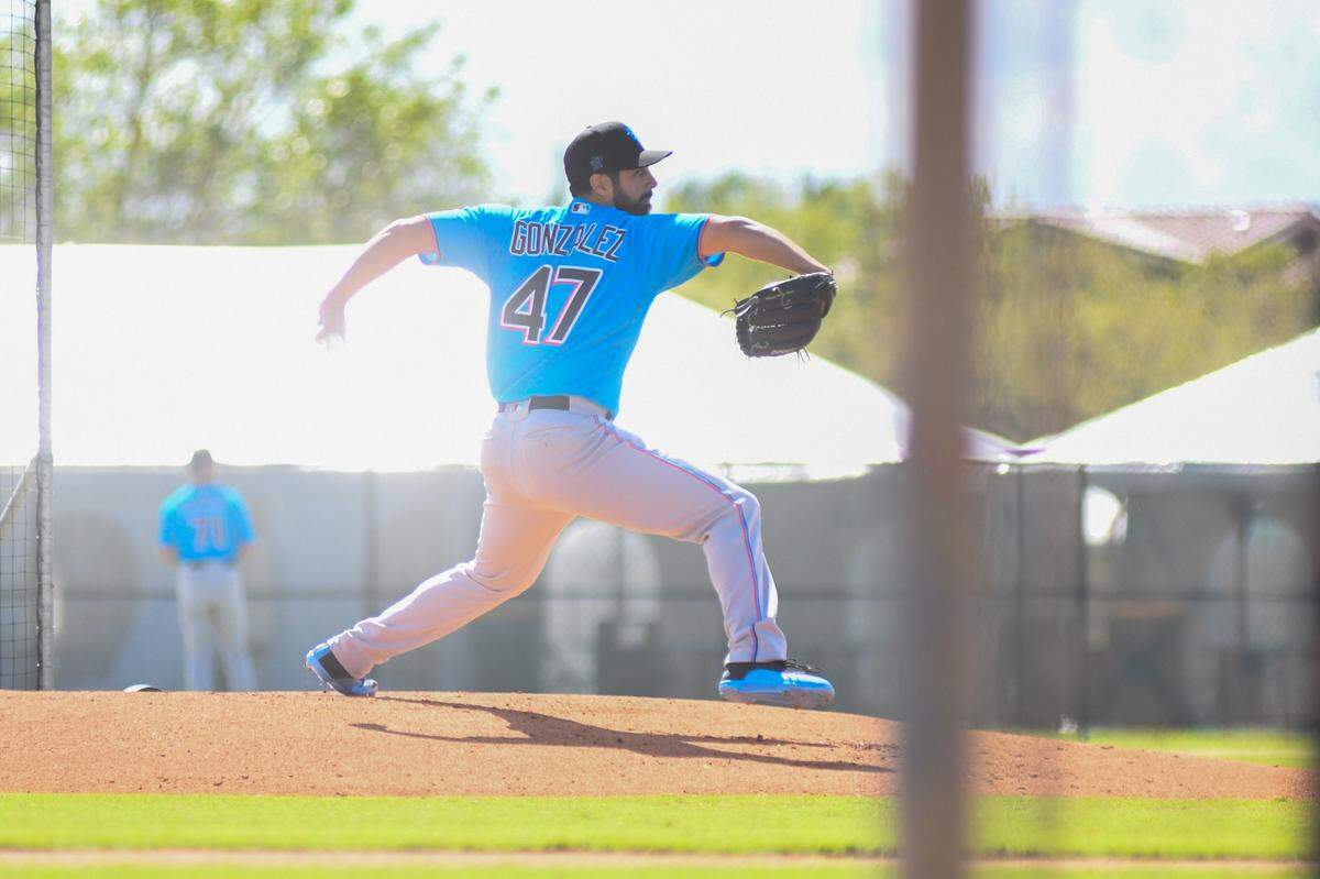 Miami Marlins pitcher Gio Gonzalez throws a live batting practice session on the back fields of the Roger Dean Chevrolet Stadium complex on Tuesday, March 9, 2021, in Jupiter, Florida.