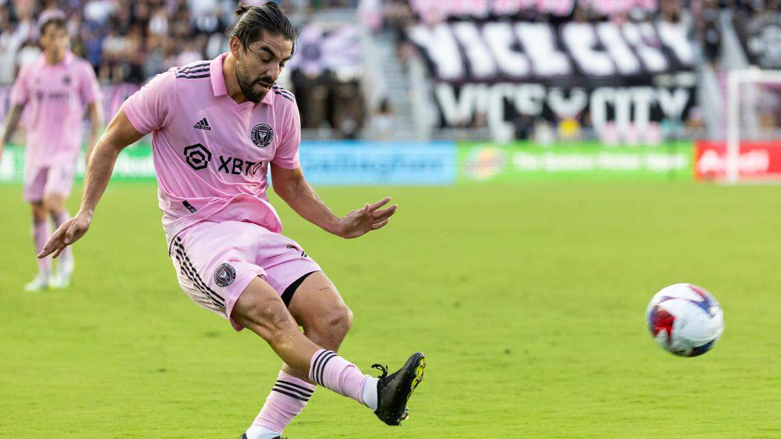 Inter Miami midfielder Rodolfo Pizarro (20) takes a shot against Austin FC in the first half of their MLS match at DRV PNK Stadium on Saturday, July 1, 2023, in Fort Lauderdale, Fla.