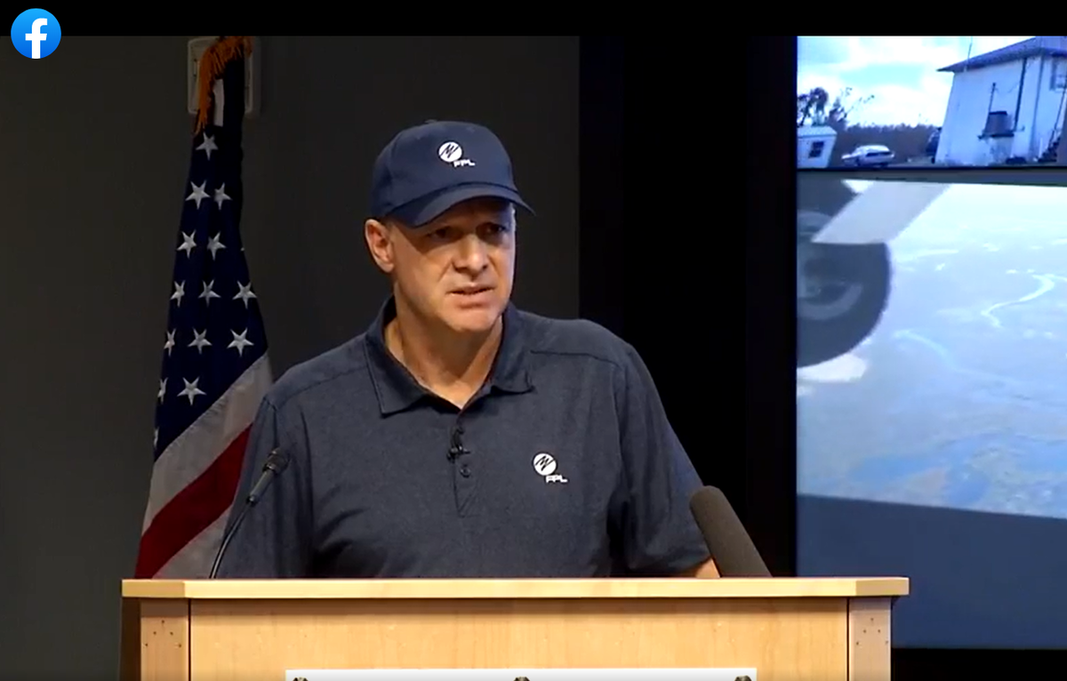 Eric Silagy, CEO of Florida Power and Light, speaks during a press conference on Saturday, Oct. 1, 2022. He estimated the utility has about 600,000 customers without electricity after Hurricane Ian.