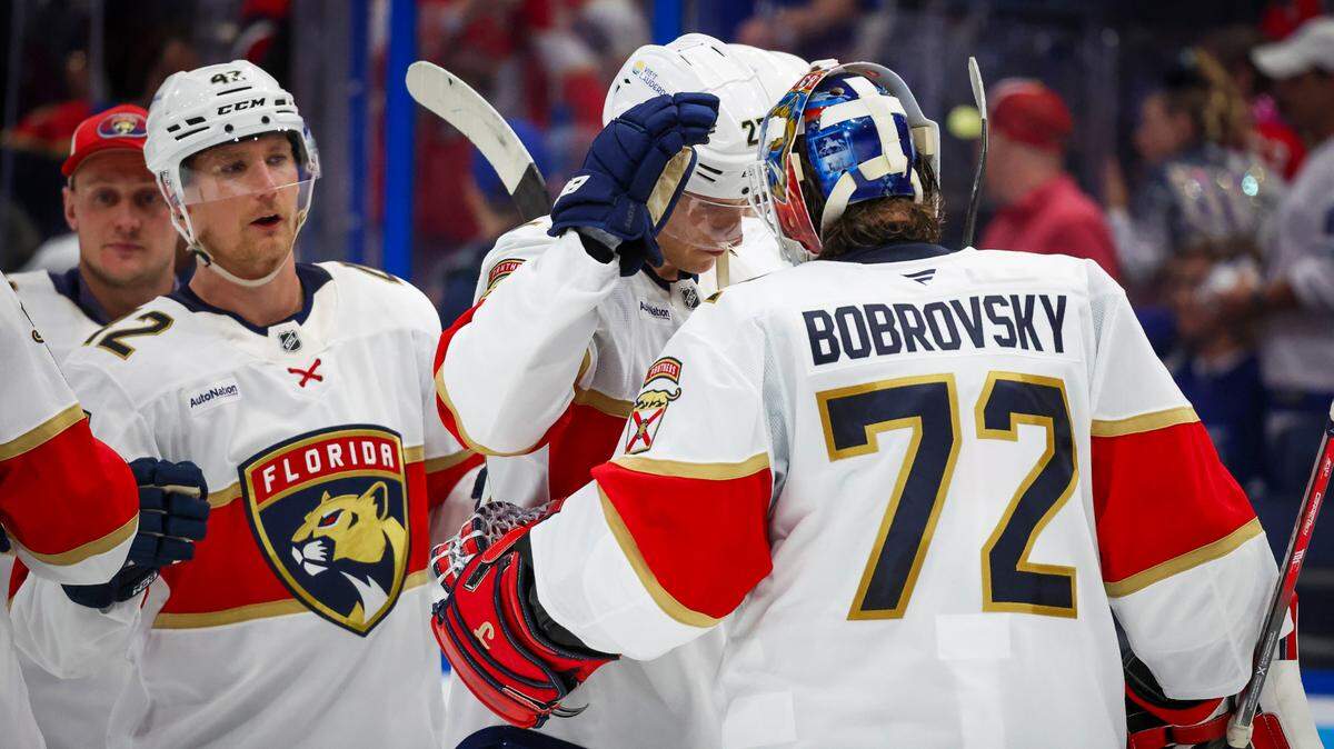 Florida Panthers players celebrate their 2-0 win over the Tampa Bay Lightning in Game 2 of the first round in the Stanley Cup Playoffs Thursday, April 24, 2025 in Tampa.