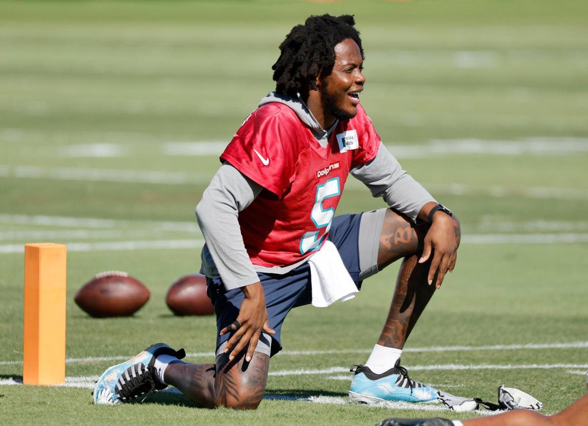 Miami Dolphins quarterback Teddy Bridgewater (5) stretches before practice at the Baptist Health Training Complex in Miami Gardens, Florida on Wednesday, January 11, 2023.