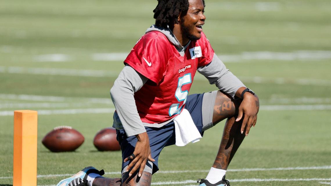 Miami Dolphins quarterback Teddy Bridgewater (5) stretches before practice at the Baptist Health Training Complex in Miami Gardens, Florida on Wednesday, January 11, 2023.
