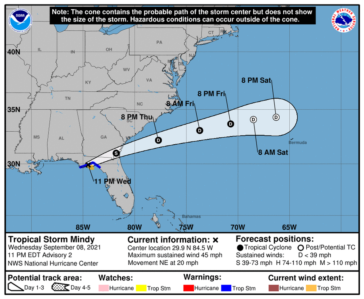 Tropical Storm Mindy forecast cone as of 11 p.m., Sept. 8, 2021.