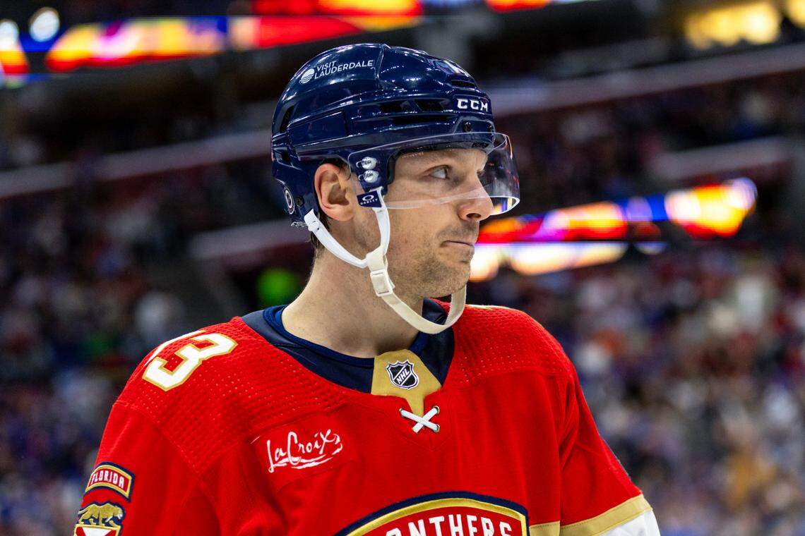 Florida Panthers center Sam Reinhart (13) looks on during the second period of an NHL game against the New York Rangers at Amerant Bank Arena in Sunrise, Florida, on Friday, December 29, 2023.
