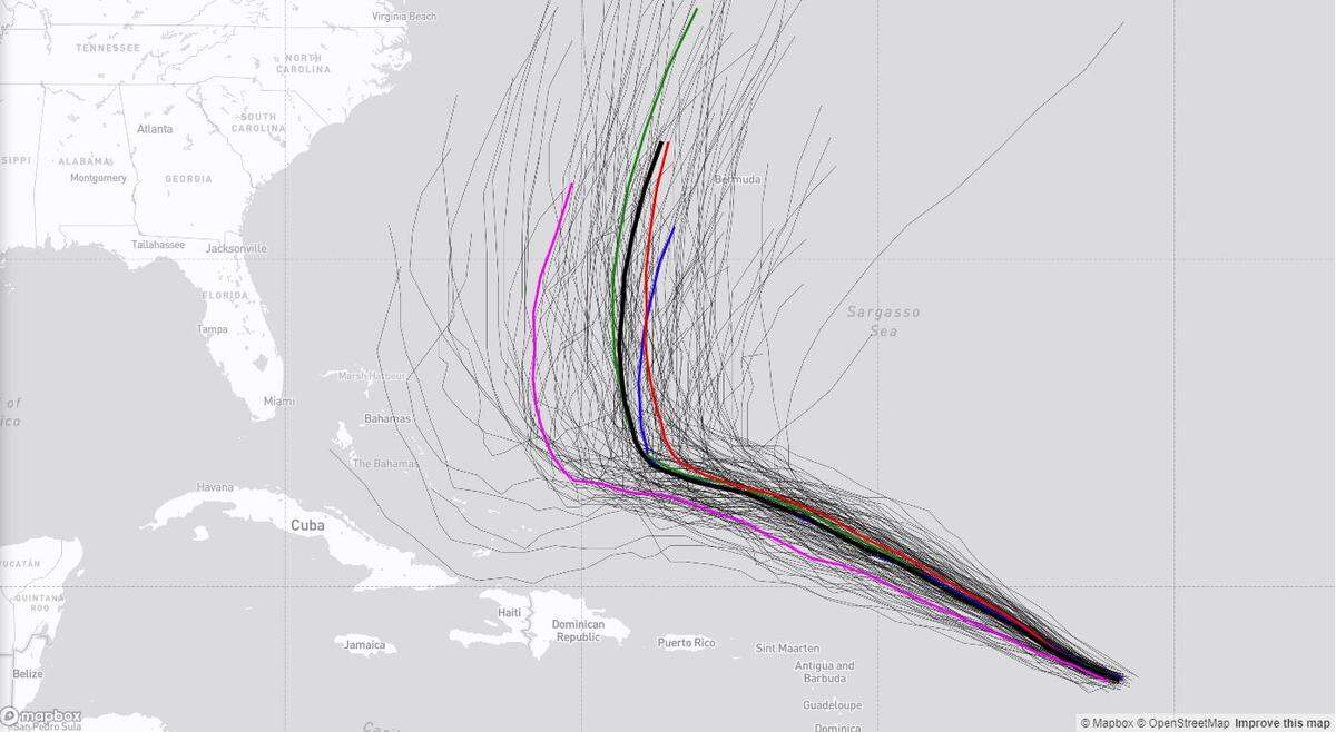 This multi-model ensemble viewer created by Tomer Burg shows the Friday afternoon forecast model tracks for Hurricane Lee, including the CMC mean in purple, the UKMET in blue, the GFS mean in green and the ECMWF in red. The mean of all ensemble forecast models is the dark black line in the center.